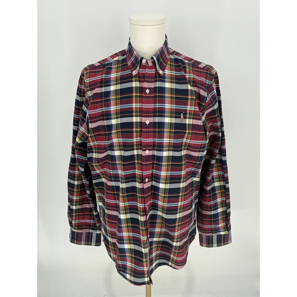Ralph Lauren Mens L Plaid Long Sleeve Oxford Button Down Navy Blue Classic Fit